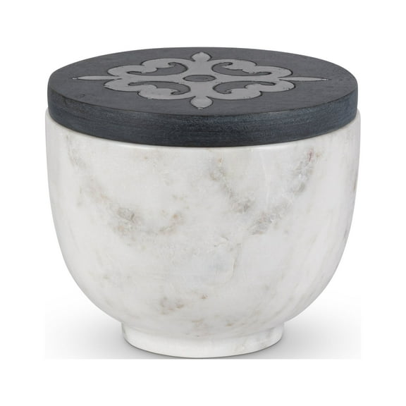 Gerson White marble medium canister with gray-washed metal-inlay lid