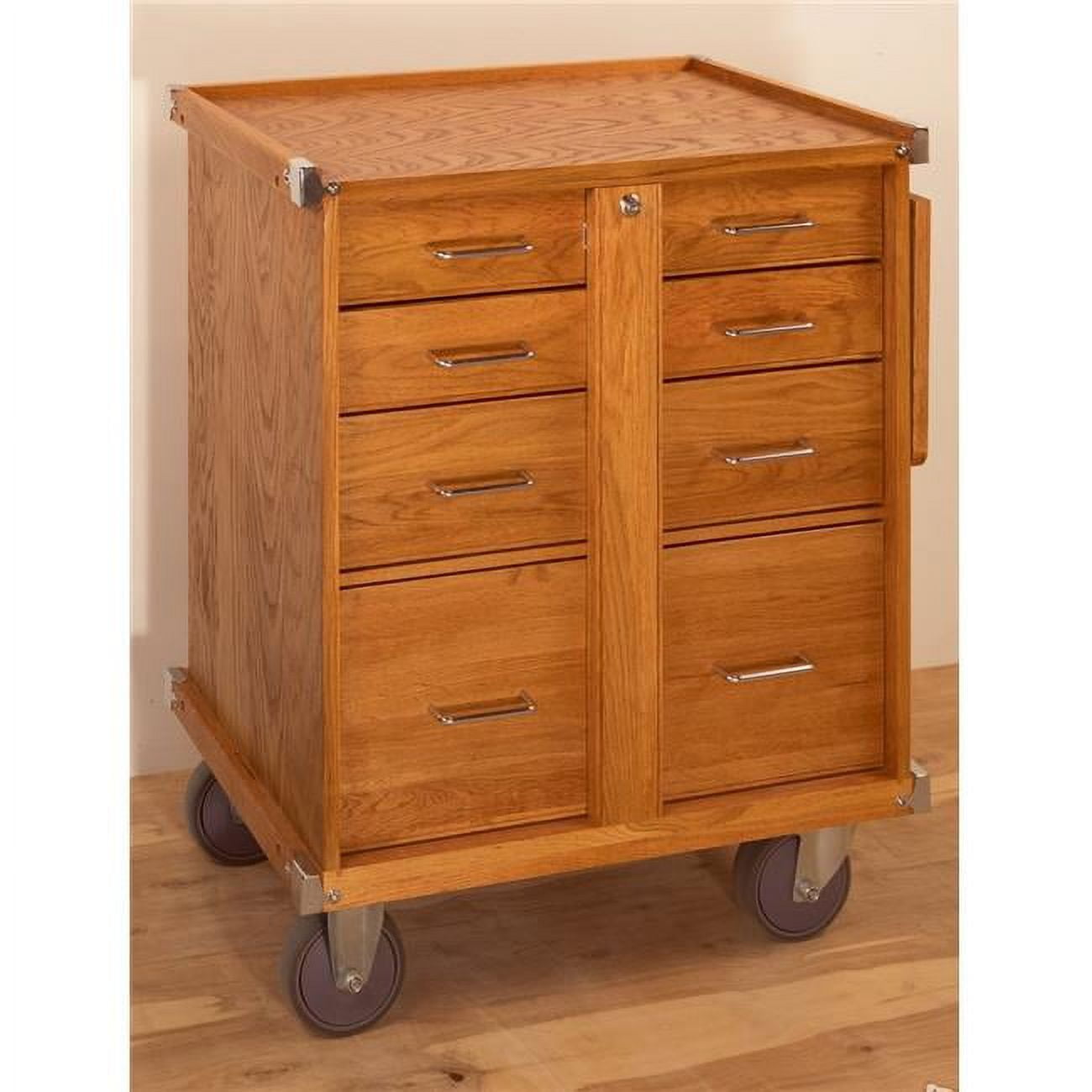 Classic American Red Oak 5-Drawer Lockable Rolling Cabinet