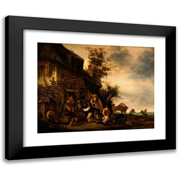 Gert van Hens 14x12 Black Modern Framed Museum Art Print Titled - Scene with a Hurdy-Gurdy Player and a Boy Violinist Outside a Tavern (1650-1700)