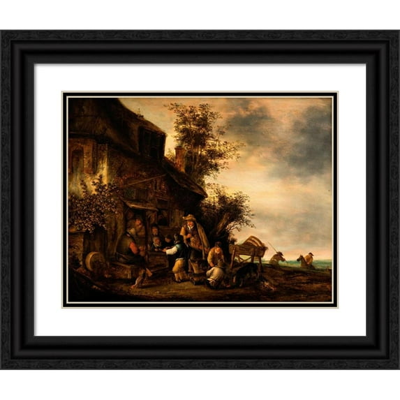 Gert van Hens 18x15 Black Ornate Wood Framed Double Matted Museum Art Print Titled - Scene with a Hurdy-Gurdy Player and a Boy Violinist Outside a Tavern (1650-1700)