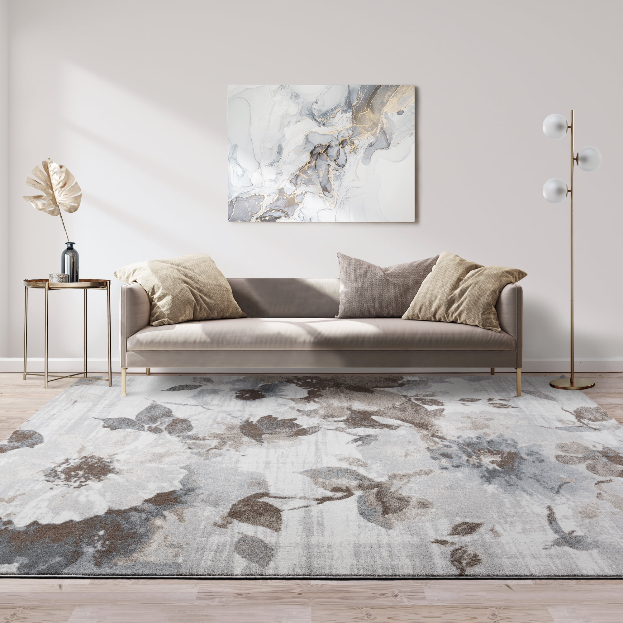Gray and Beige Floral 8' x 10' Synthetic Area Rug