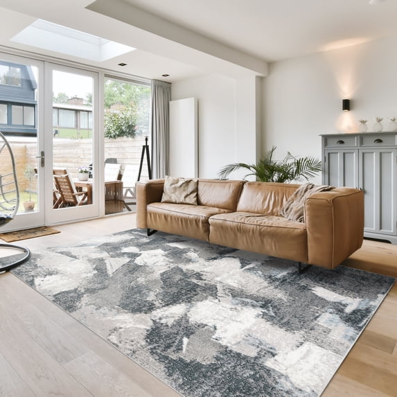 Gertmenian Alor Eze Modern Abstract Gray/Ivory/Navy Blue Polypropylene Indoor Area Rug, 5x7