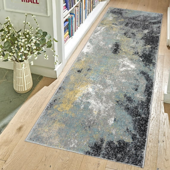Gertmenian Alor Satori Modern Abstract Aqua/Navy Blue/Gold/Ivory Polypropylene Indoor Area Rug, 2x6 Runner
