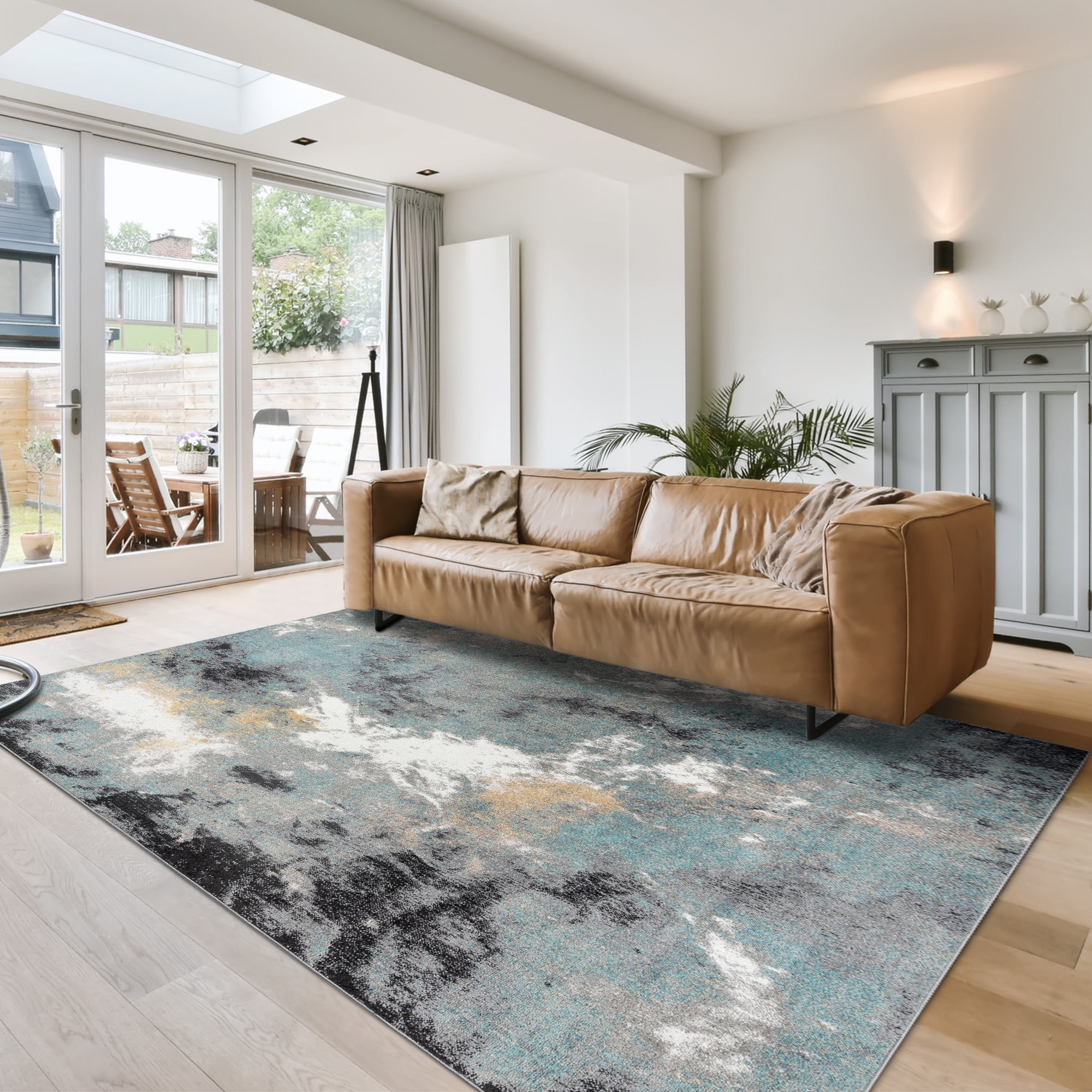 Gertmenian Alor Satori Modern Abstract Aqua/Navy Blue/Gold/Ivory Polypropylene Indoor Area Rug, 5x7