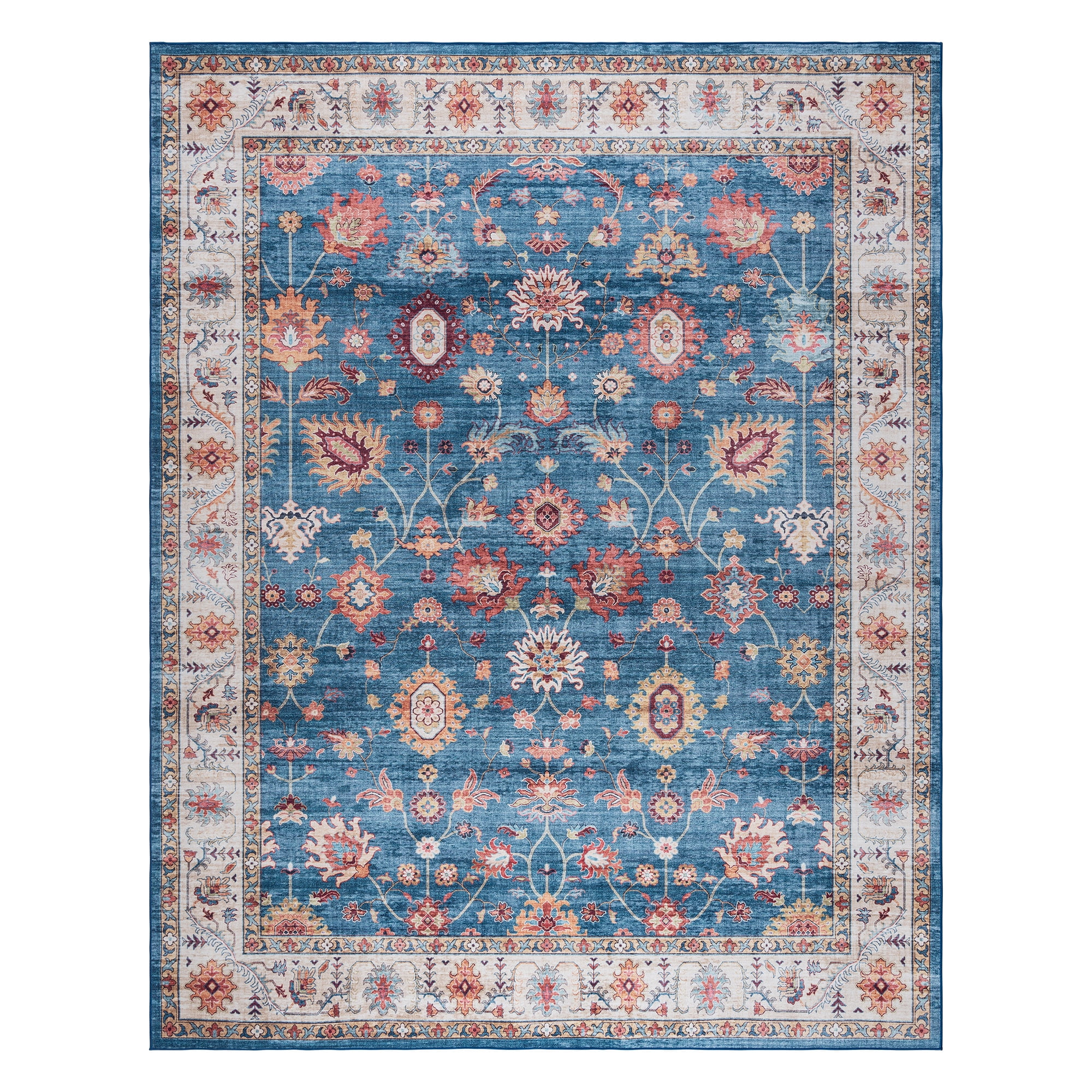 Cullen Blue and Tan Floral Border Washable Area Rug