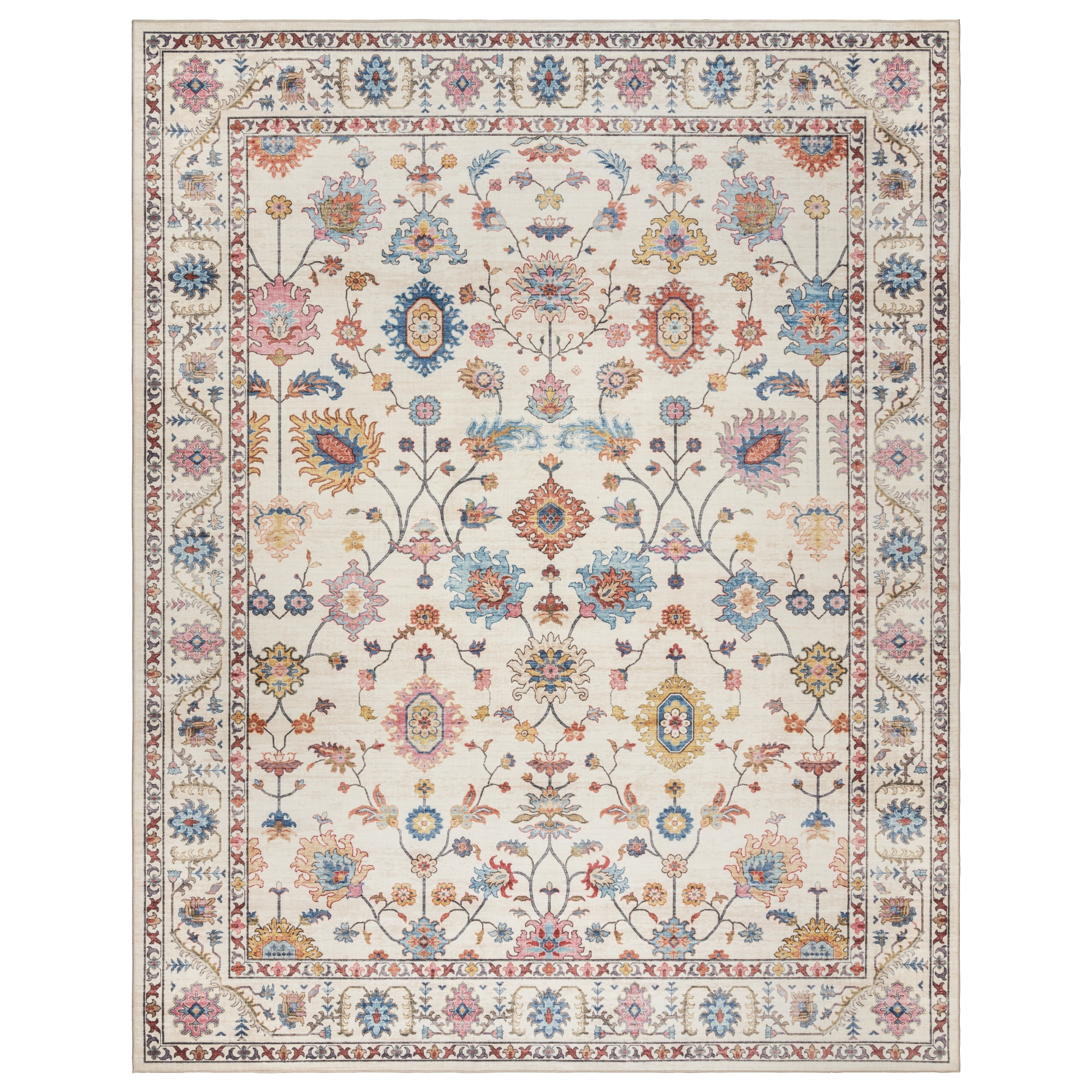 Ivory and Blue Synthetic Washable 5' x 7' Area Rug