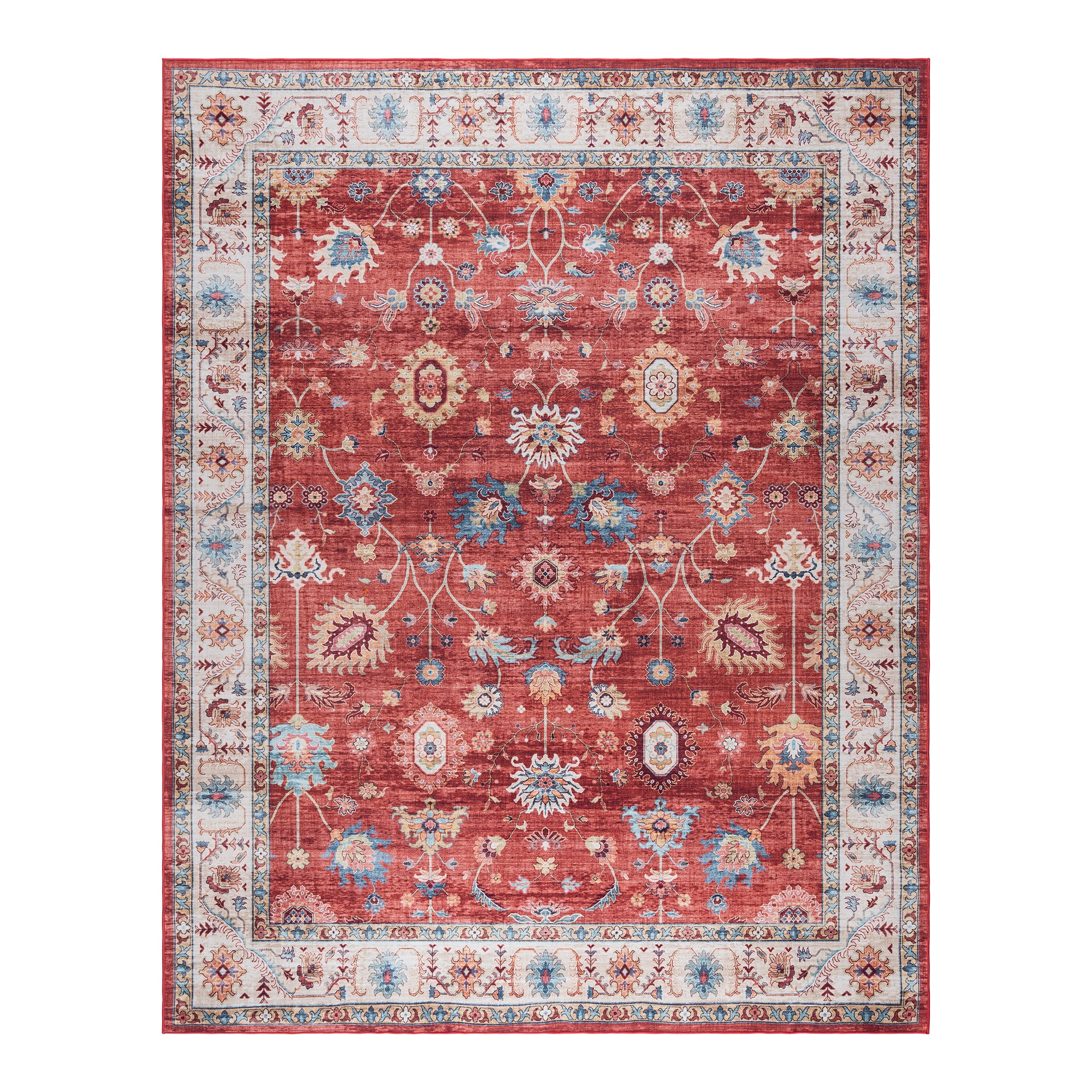 Crystal Print Red and Cream Floral Washable Area Rug
