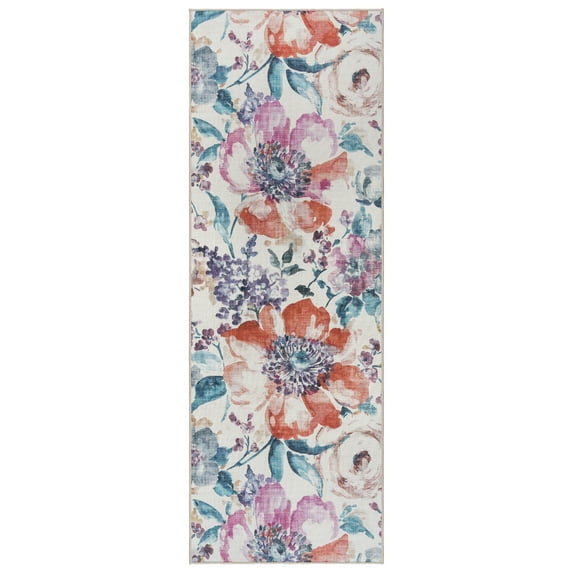 Crystal Print Flora Transitional Bright Floral Multcolor Non-Slip Washable Indoor Area Rug, 2x6 Runner