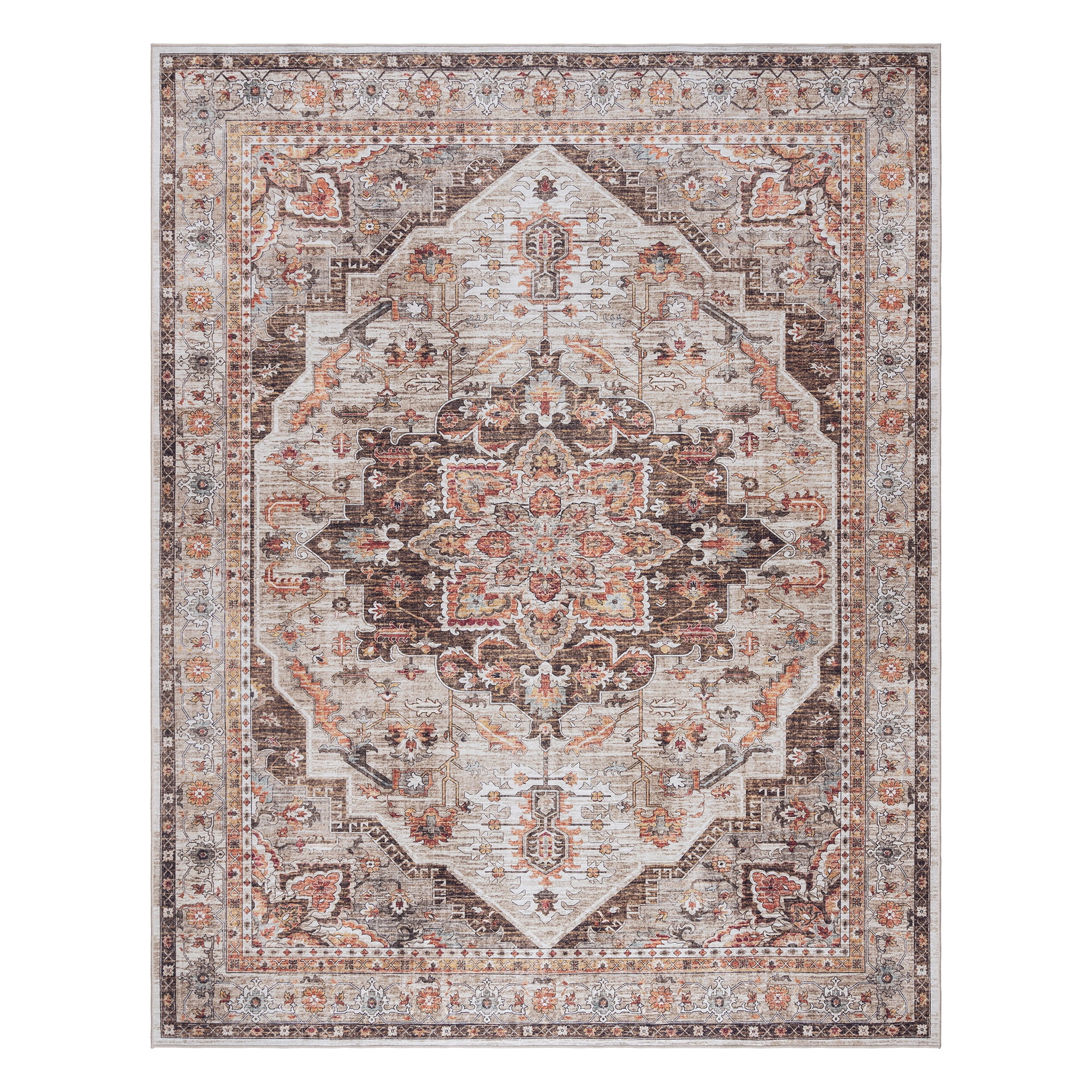 Soha Brown and Beige Traditional Medallion Washable Area Rug, 5' x 7'