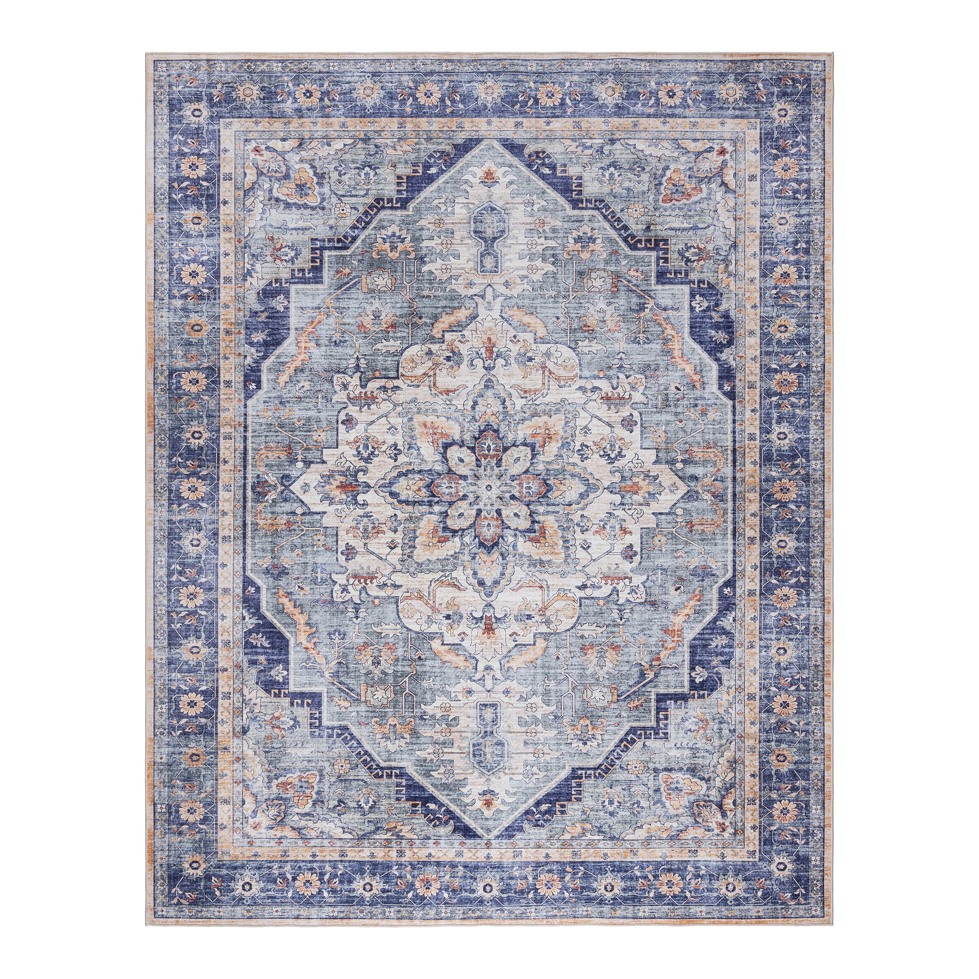Soha Multi Blue Traditional Medallion Washable Area Rug 6' x 9'