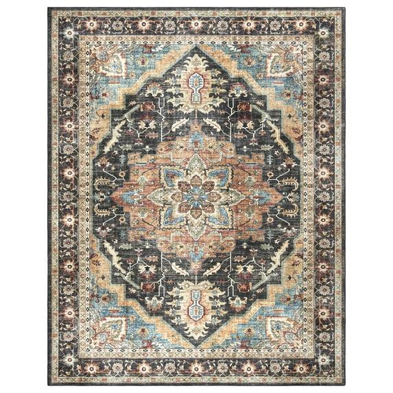 Crystal Print Tiefi Traditional Oriental Black Multi Washable Indoor Area Rug, 9x13