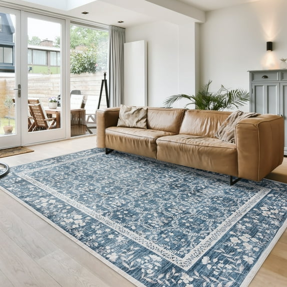 Crystal Print Vela Transitional Floral Navy Area Rug, 5x7