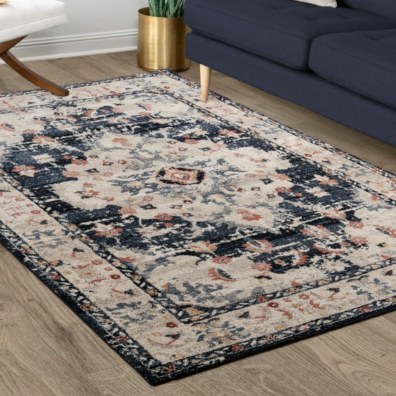 Gertmenian Imani Brielle Traditional Oriental Plush Navy Blue/Beige/Rose Shag Indoor Area Rug, 9FTx12FT