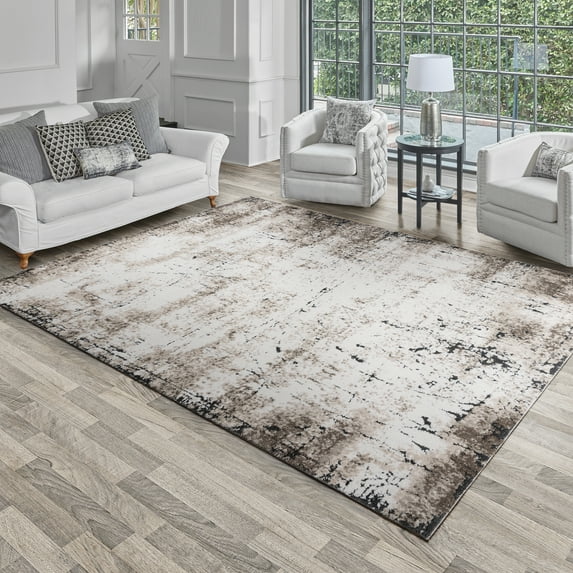 Gertmenian Imani Nylah Modern Industrial Abstract Plush Beige/Taupe/Black Shag Indoor Area Rug, 6FTx9FT