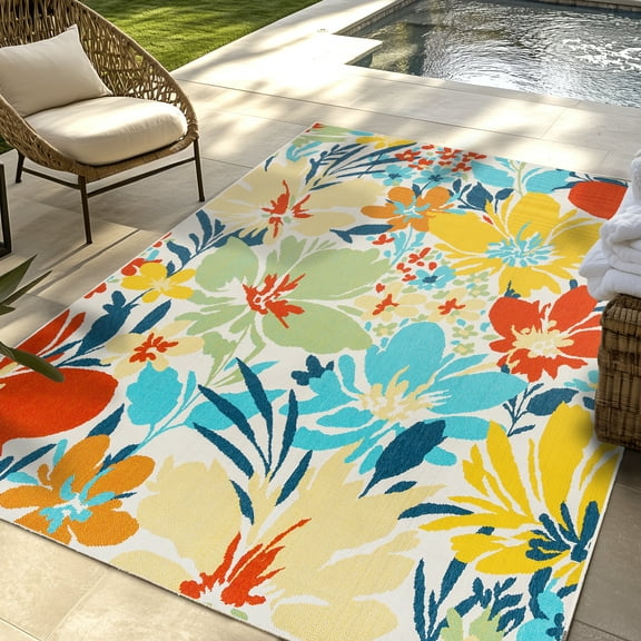 Gertmenian Jona Nelisa Modern Coastal Floral Multicolor Area UV Resistant Premium Flatweave Indoor Outdoor Rug, 8x10