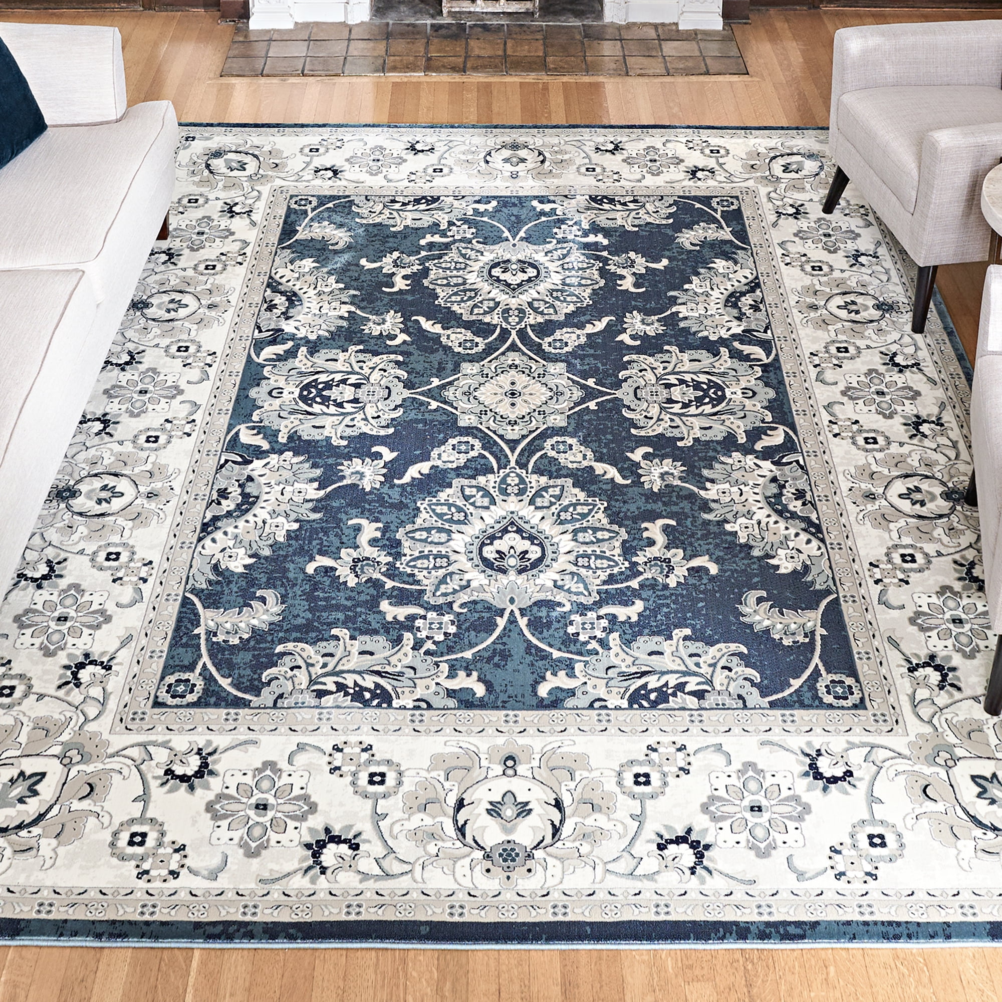 Moena Navy Blue Traditional Floral 6' x 9' Synthetic Area Rug