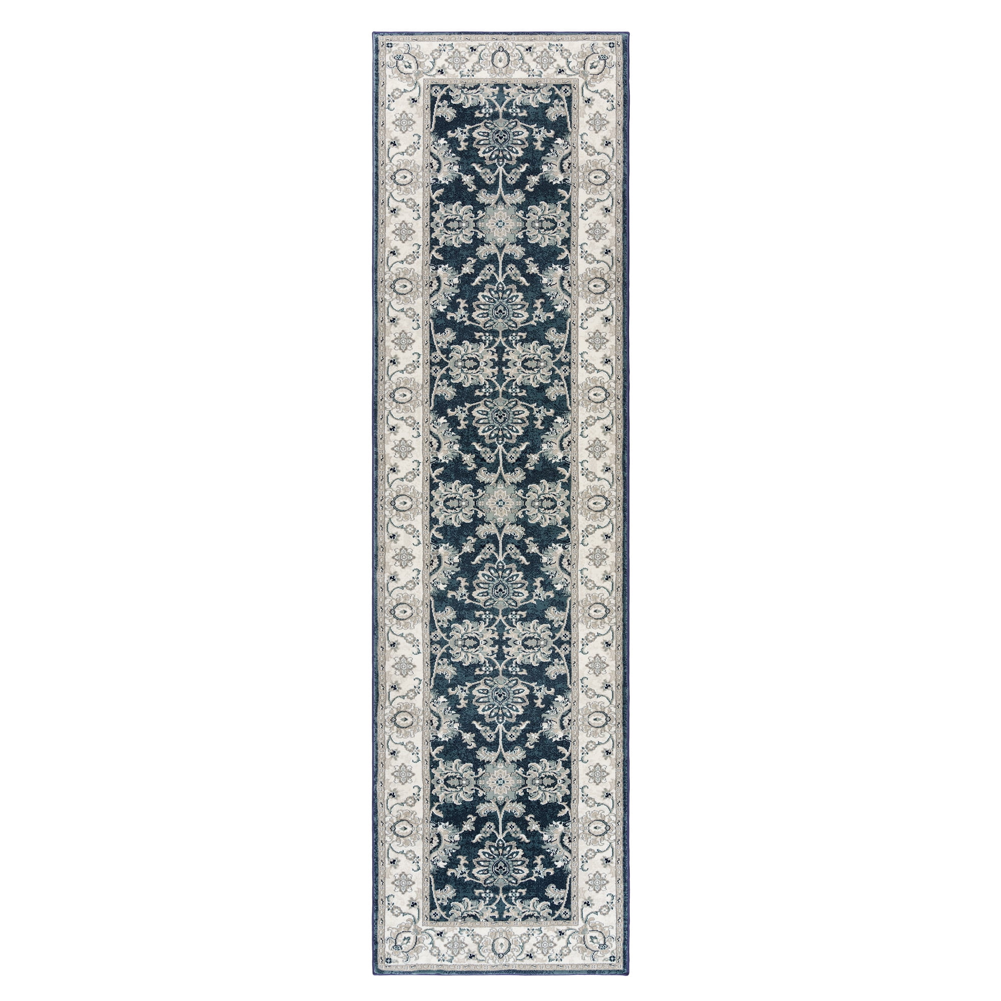Navy Blue and Ivory Floral Border Runner Rug, 2'2" x 8'