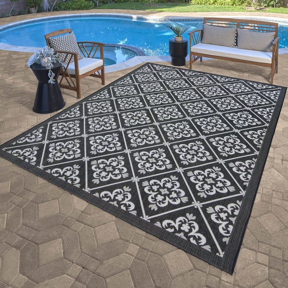 Gertmenian Paseo Bran Transitional Damask Black and White Outdoor Area Rug, 6x9