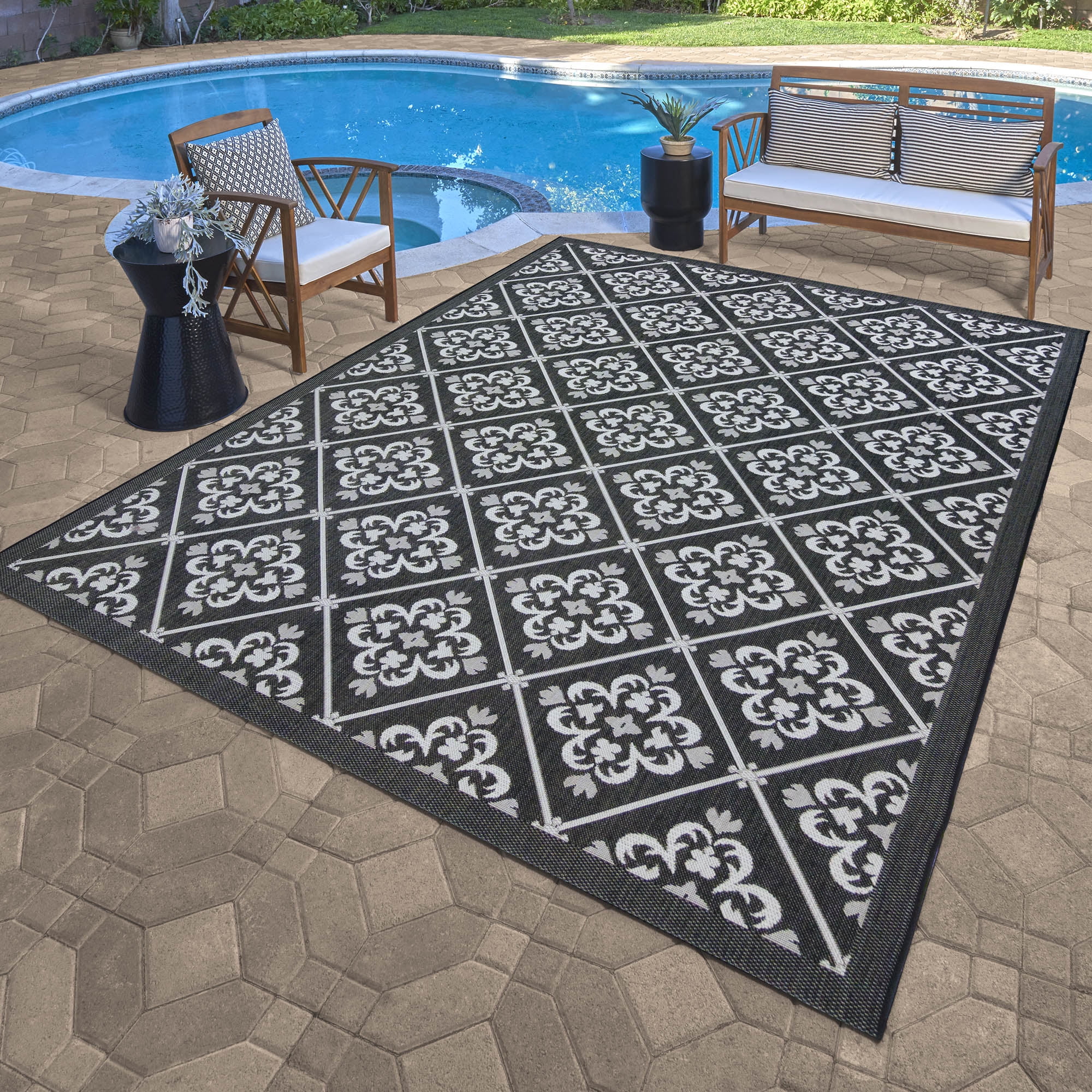 Gertmenian Paseo Bran Transitional Damask Black and White Outdoor Area