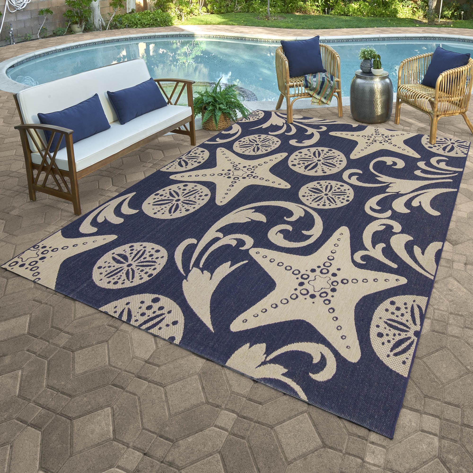 Navy Blue Synthetic Flat Woven Rectangular Rug 5' x 7'