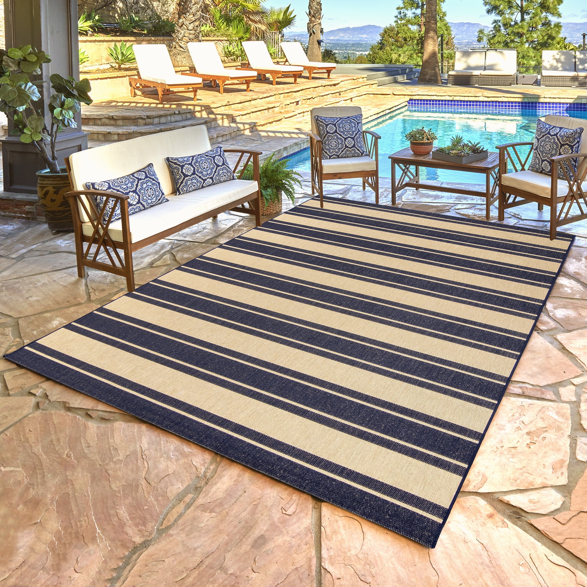 Paseo Navy and Beige Striped Outdoor Rug 5'3"x7'