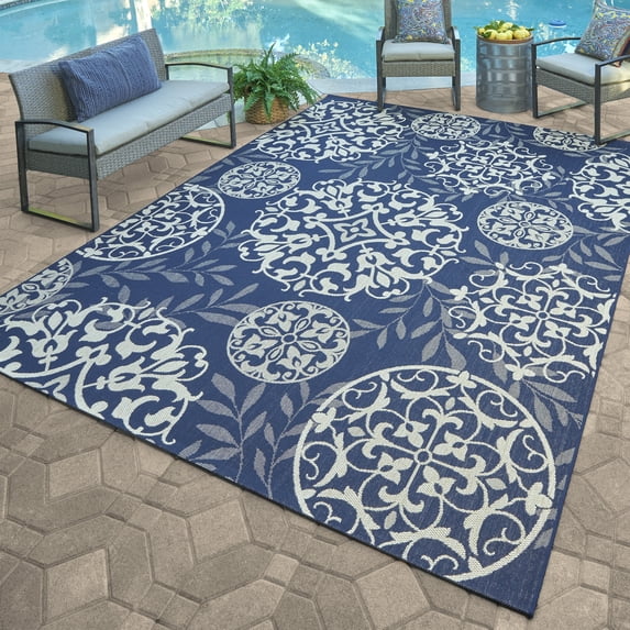 Gertmenian Paseo Emilia Transitional Damask Navy Outdoor Area Rug, 6x9