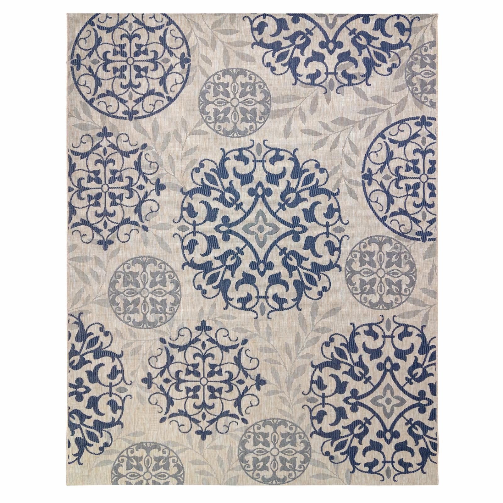 Navy and Beige Medallion Synthetic 8' x 10' Outdoor Rug