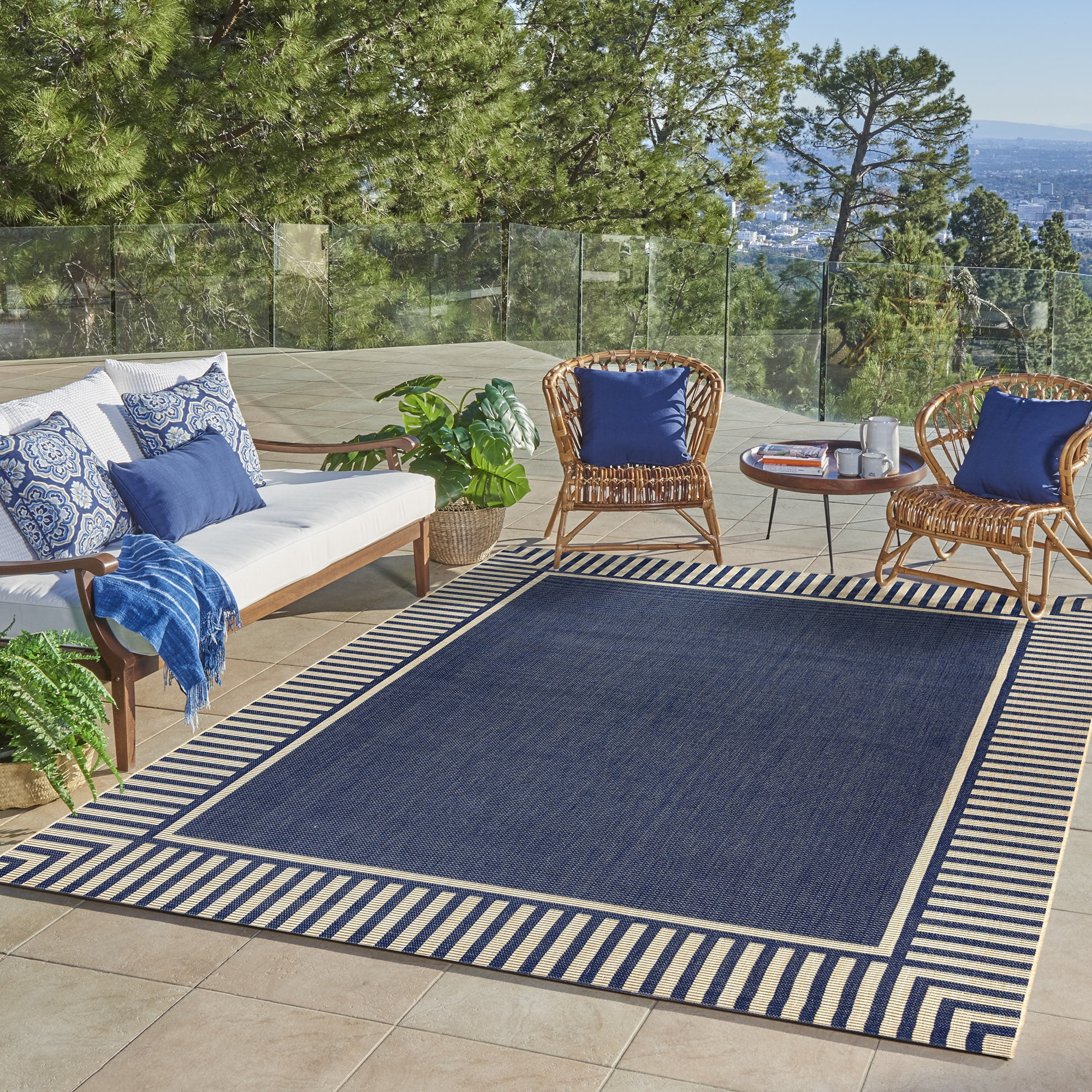 Blue and Beige Striped Synthetic Flatweave Indoor/Outdoor Rug, 6' x 9'