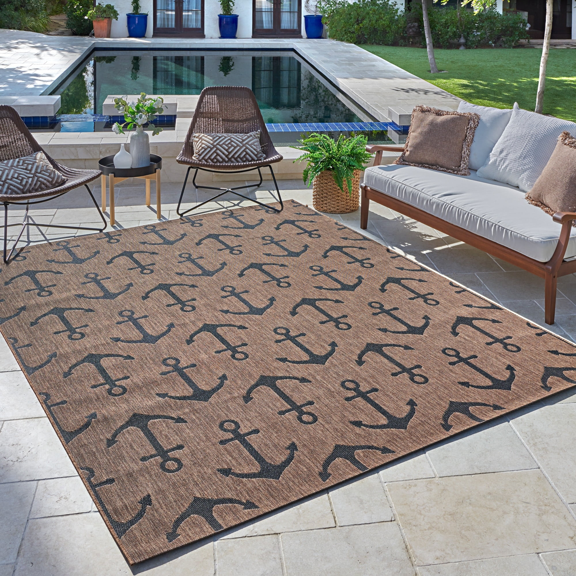Gertmenian Paseo Maritime Havana Brown Nautical Anchor Indoor/Outdoor Area Rug 8'9" x 13'1" 9' x 12'