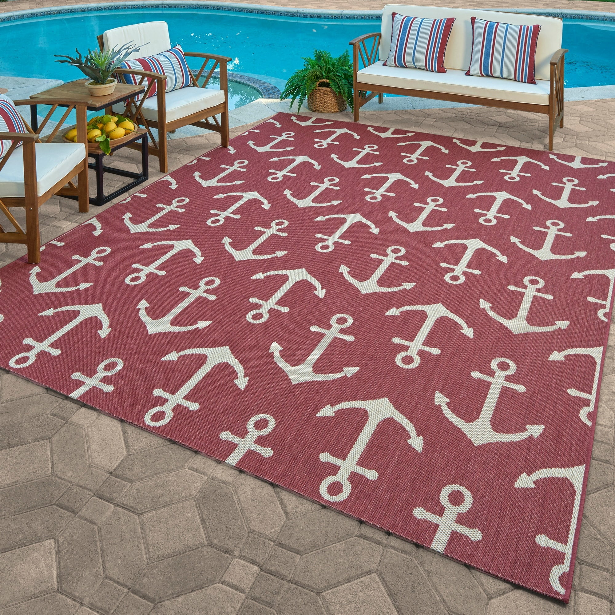 Red Nautical Anchor Indoor/Outdoor Flatweave Rug 6'6" x 9'6"