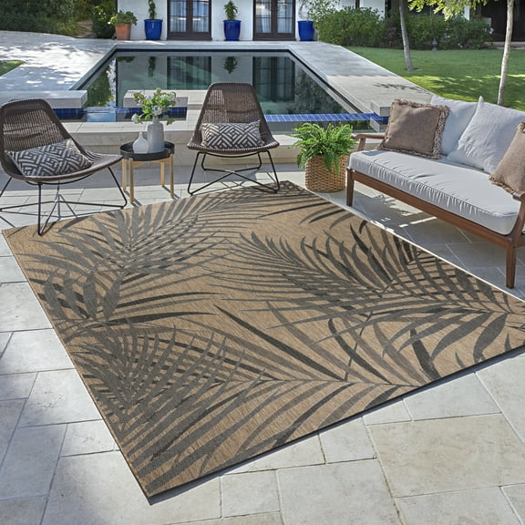 Gertmenian Paseo Paume Coastal Floral Chestnut and Black Outdoor Area Rug, 8x10