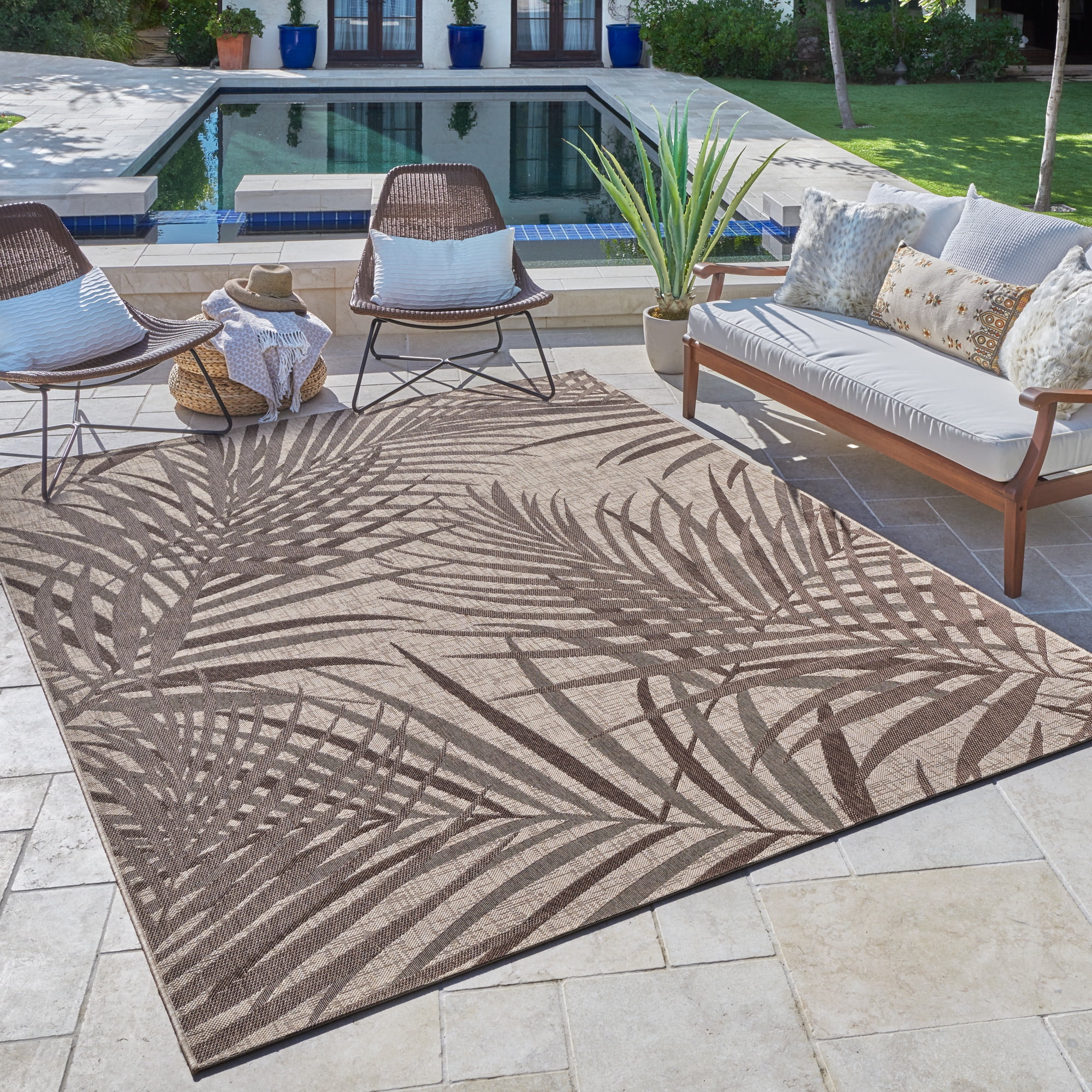 Gertmenian Paseo Paume Coastal Floral Sand and Havana Outdoor Area Rug