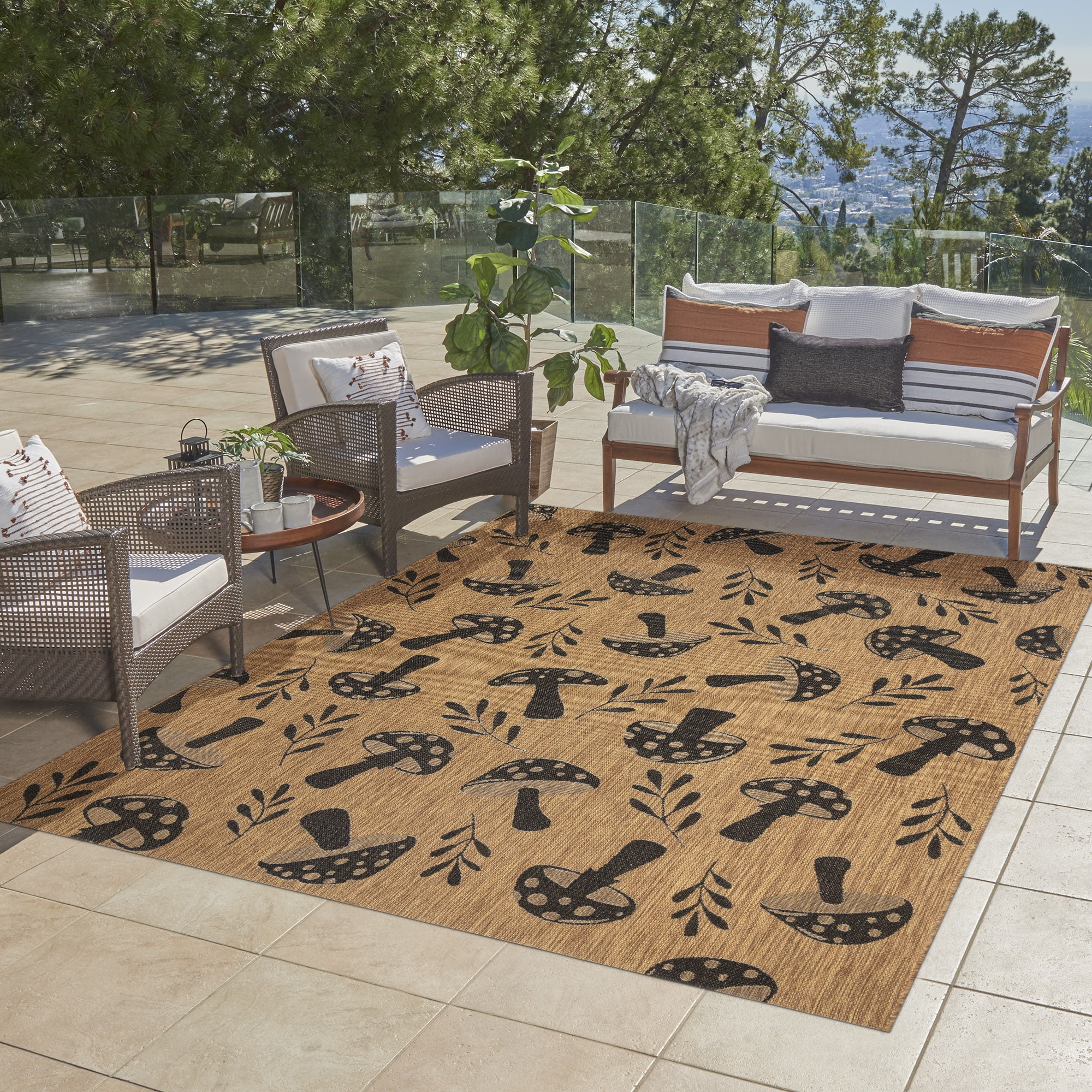 Whimsical Black and Chestnut Floral Polypropylene 8' x 10' Area Rug