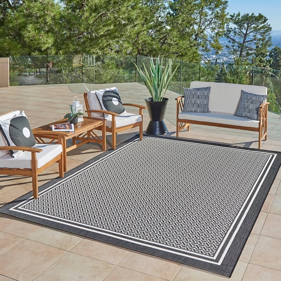 Gertmenian Paseo Soroa Black White Modern Border Indoor Outdoor Area Rug 9' x 12'