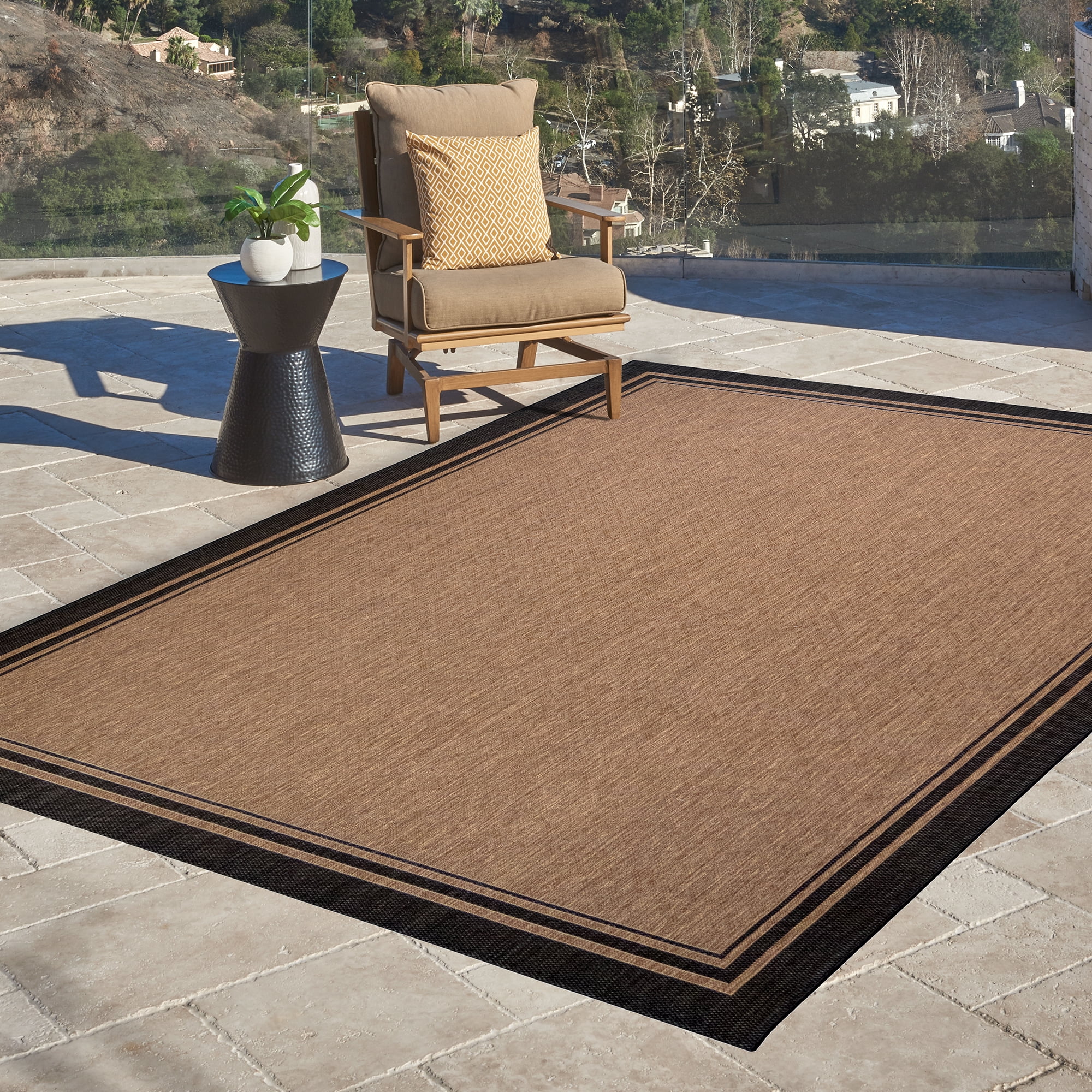 Chestnut and Black Rectangular Synthetic Flat Woven Outdoor Rug