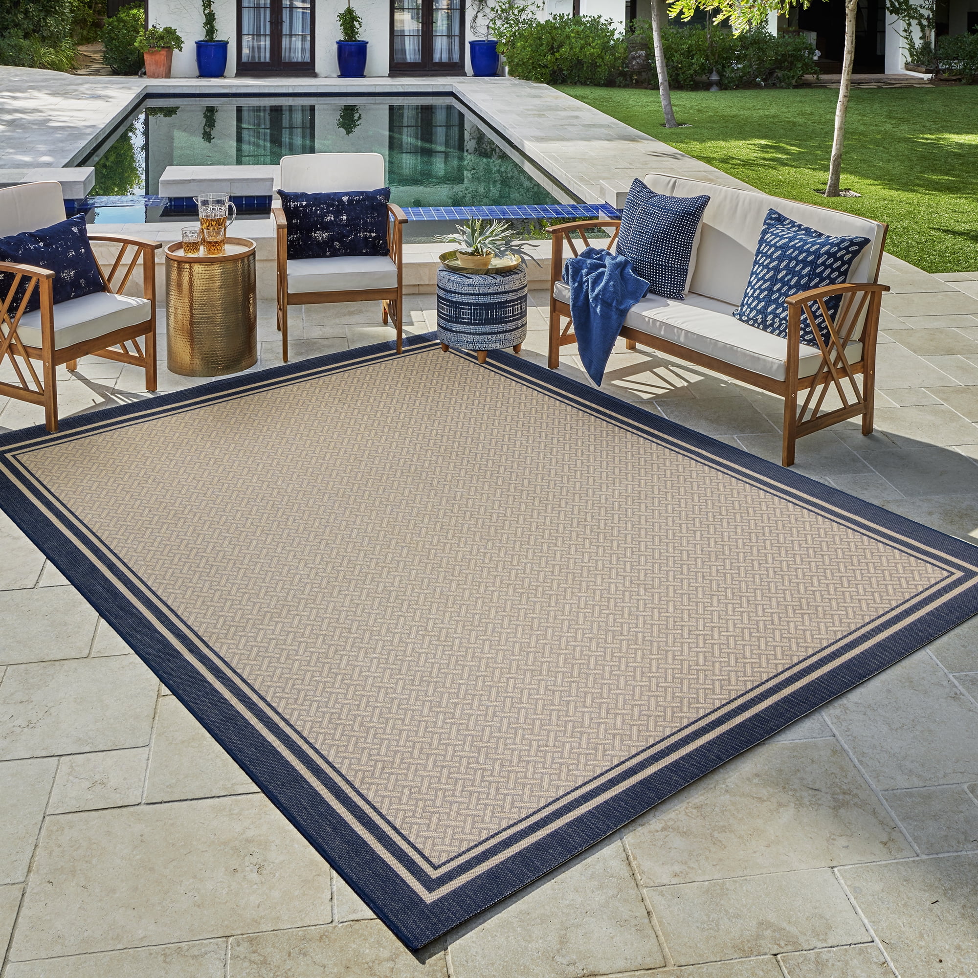Navy and Sand Rectangular Synthetic Outdoor Rug, 6' x 9'