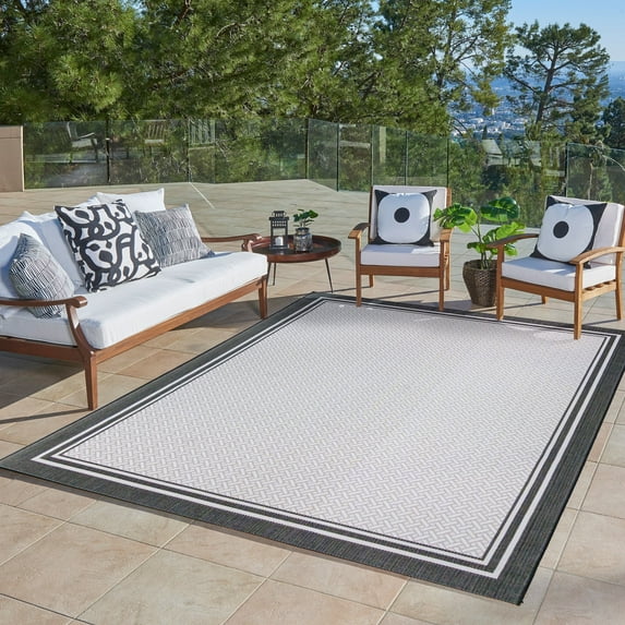 Gertmenian Paseo Soroa Modern Border White Black Outdoor Indoor Area Rug, 5x7