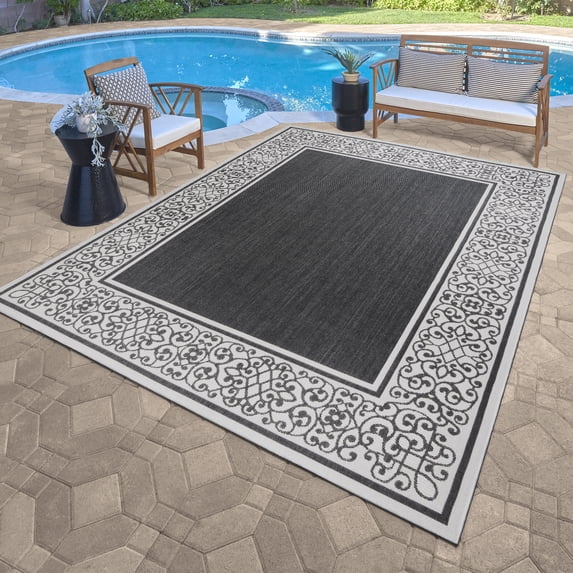 Gertmenian Paseo Tedo Transitional Damask Black/White Outdoor Area Rug, 9x13