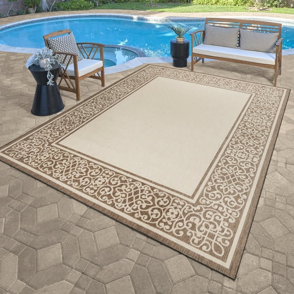 Gertmenian Paseo Tedo Transitional Damask Sand/Havana Outdoor Area Rug, 8x10