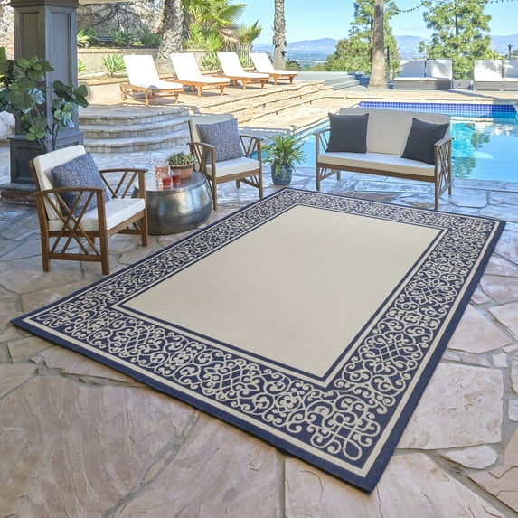 Gertmenian Paseo Tedo Transitional Damask Sand/Navy Outdoor Area Rug, 5x7