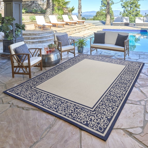 Gertmenian Paseo Tedo Transitional Damask Sand/Navy Outdoor Area Rug, 9x13