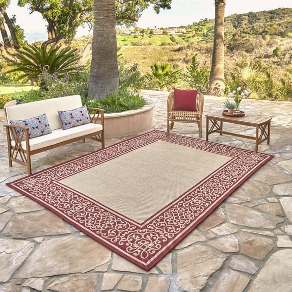 Gertmenian Paseo Tedo Transitional Damask Sand/Red Outdoor Area Rug, 5x7