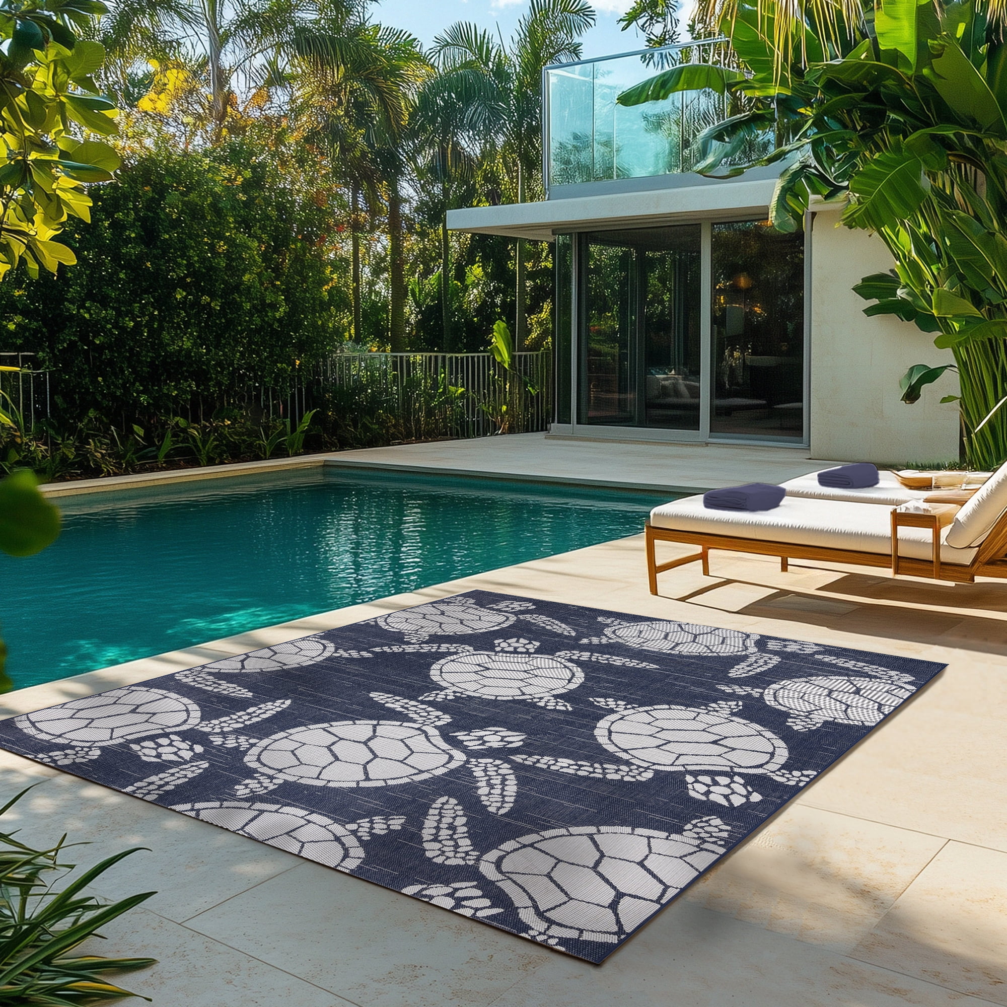 Gertmenian Paseo Tortue Sea Turtle Coastal Navy/White Outdoor Area Rug, 6x9