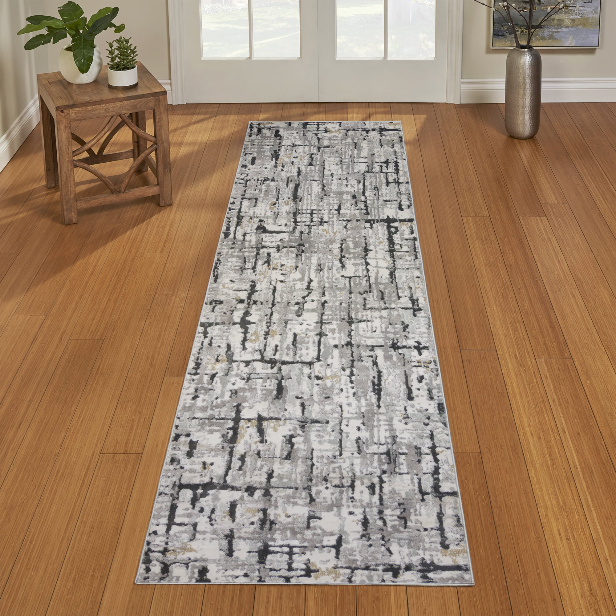 Gertmenian Quattro Lhasa Modern Abstract Gray/Black/Ivory Area Rug, 2x8
