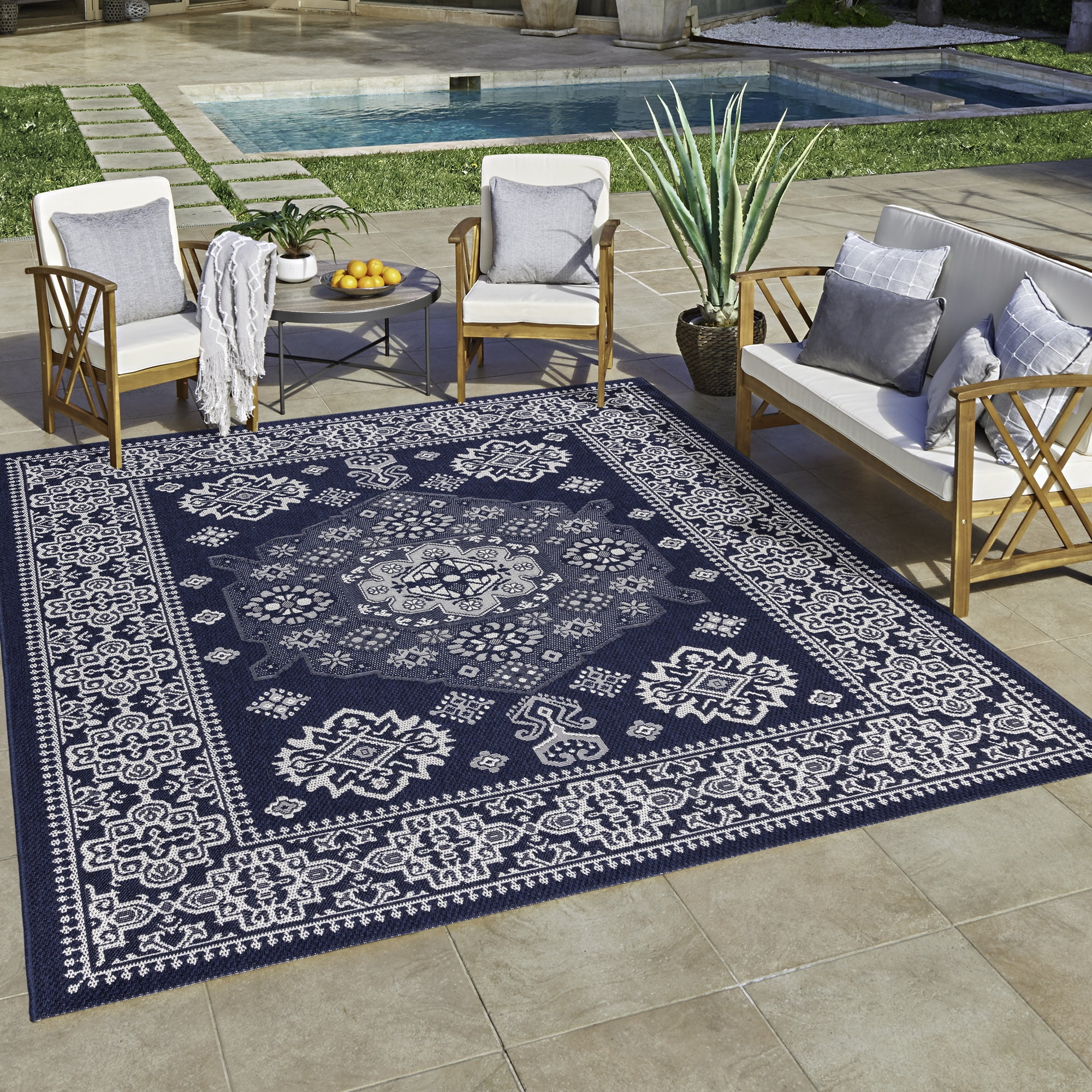 Gertmenian Ringley Gavin Traditional Oriental Navy Indoor/ Outdoor Area Rug, 9x13