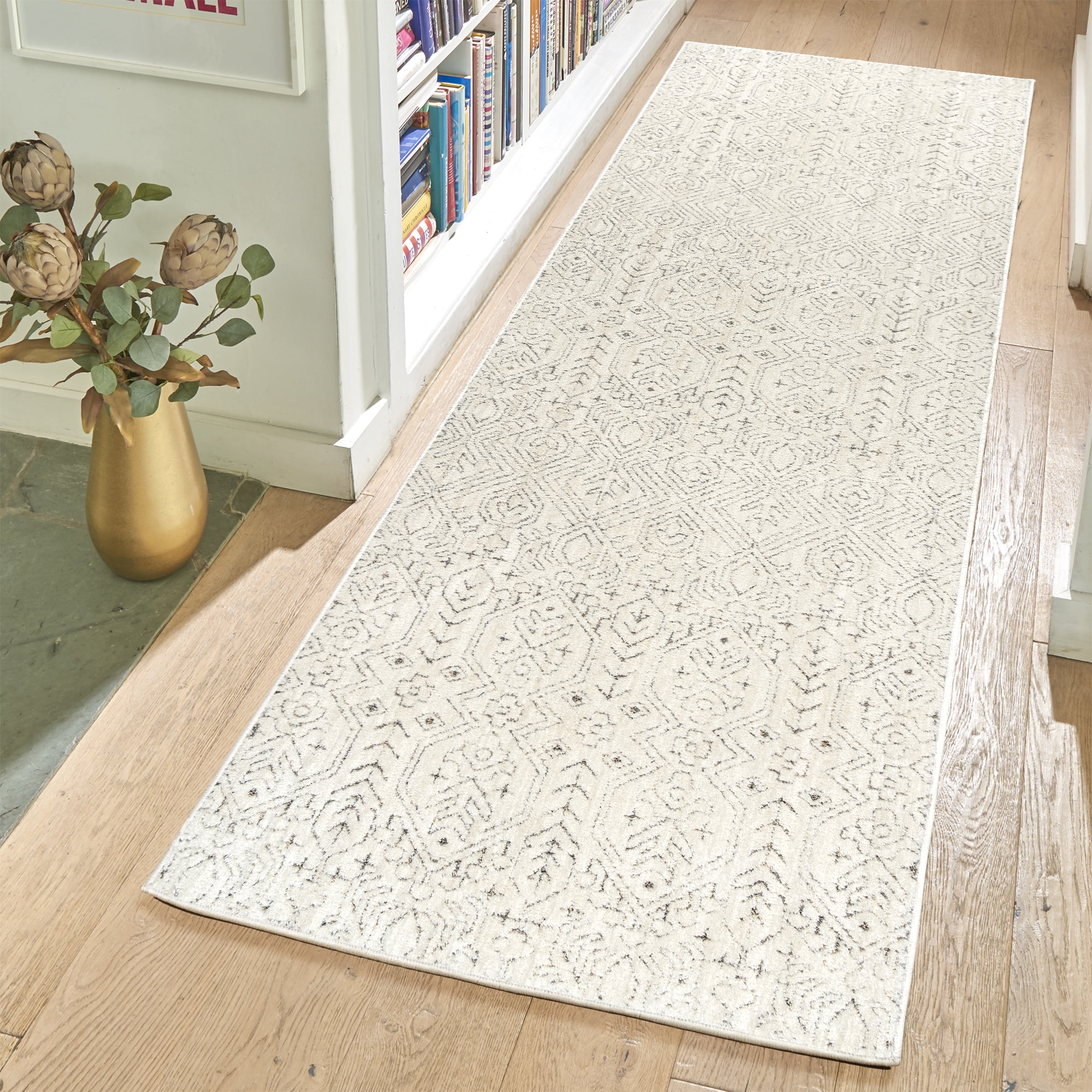 Cream and Gray Synthetic Easy Care Runner Rug