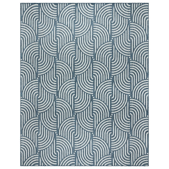 Gertmenian Tropea Mika Modern Geometric Navy Ivory Premium Flatweave UV Resistant Indoor Outdoor Area Rug, 9x13