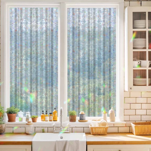 Gery Striped Window Privacy Film Modern Farmhouse Stripes Rustic Geometric Static Cling Stained Glass Window Film Non-Adhesive Decorative Decals Rainbow Sticker 17.7"X39.3"