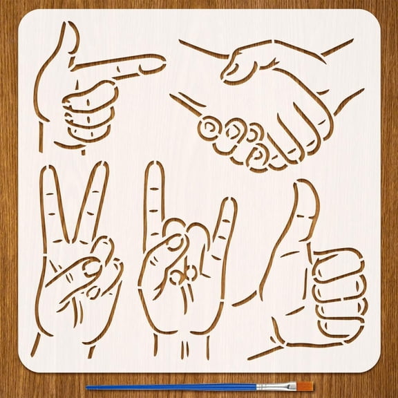 Gesture Patterns Stencil with 1Pc Plastic Brush 11.8x11.8 inch 5 Styles Hand Gestures Pattern Drawing Stencil Human Theme Template for Painting on Wall Wood Furniture DIY Home Decor Colorful