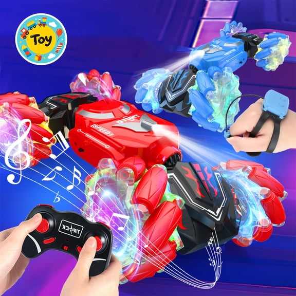 Gesture Remote Controlled Transformable RC Stunt Car, Rechargeable Spray Toy Vehicle with LED Light & Music, Double Sided Drift Off-Road Model, Boys Girls Birthday Gifts, All Terrain Play Automobile